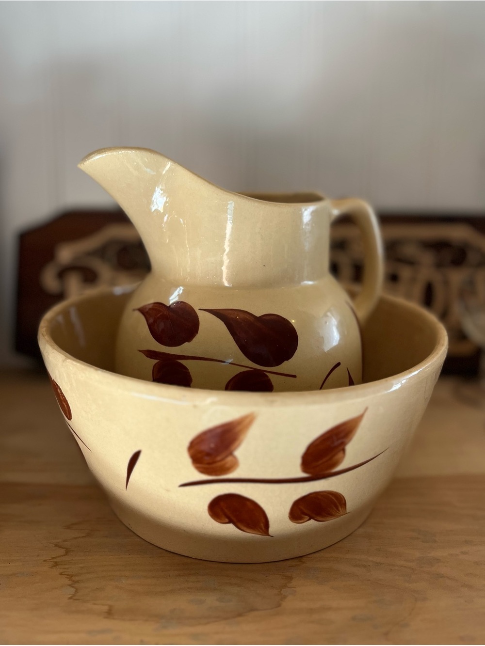 Cream Ceramic Pitcher and Bowl Set with Brown Leaf Motif